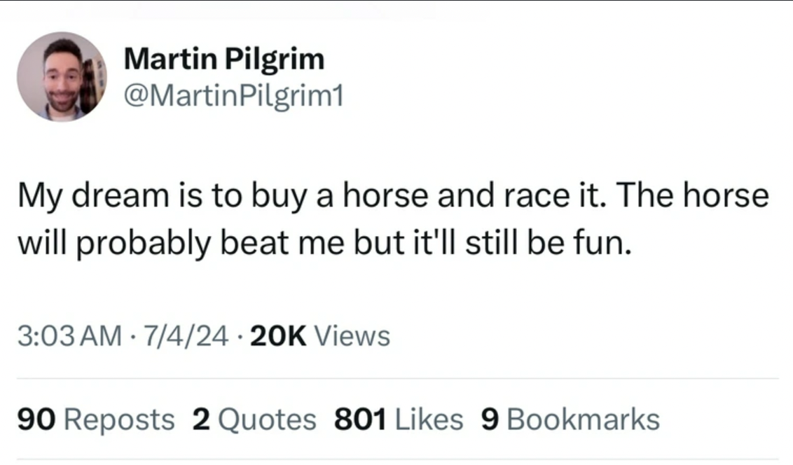 screenshot - Martin Pilgrim My dream is to buy a horse and race it. The horse will probably beat me but it'll still be fun. 74 Views 90 Reposts 2 Quotes 801 9 Bookmarks